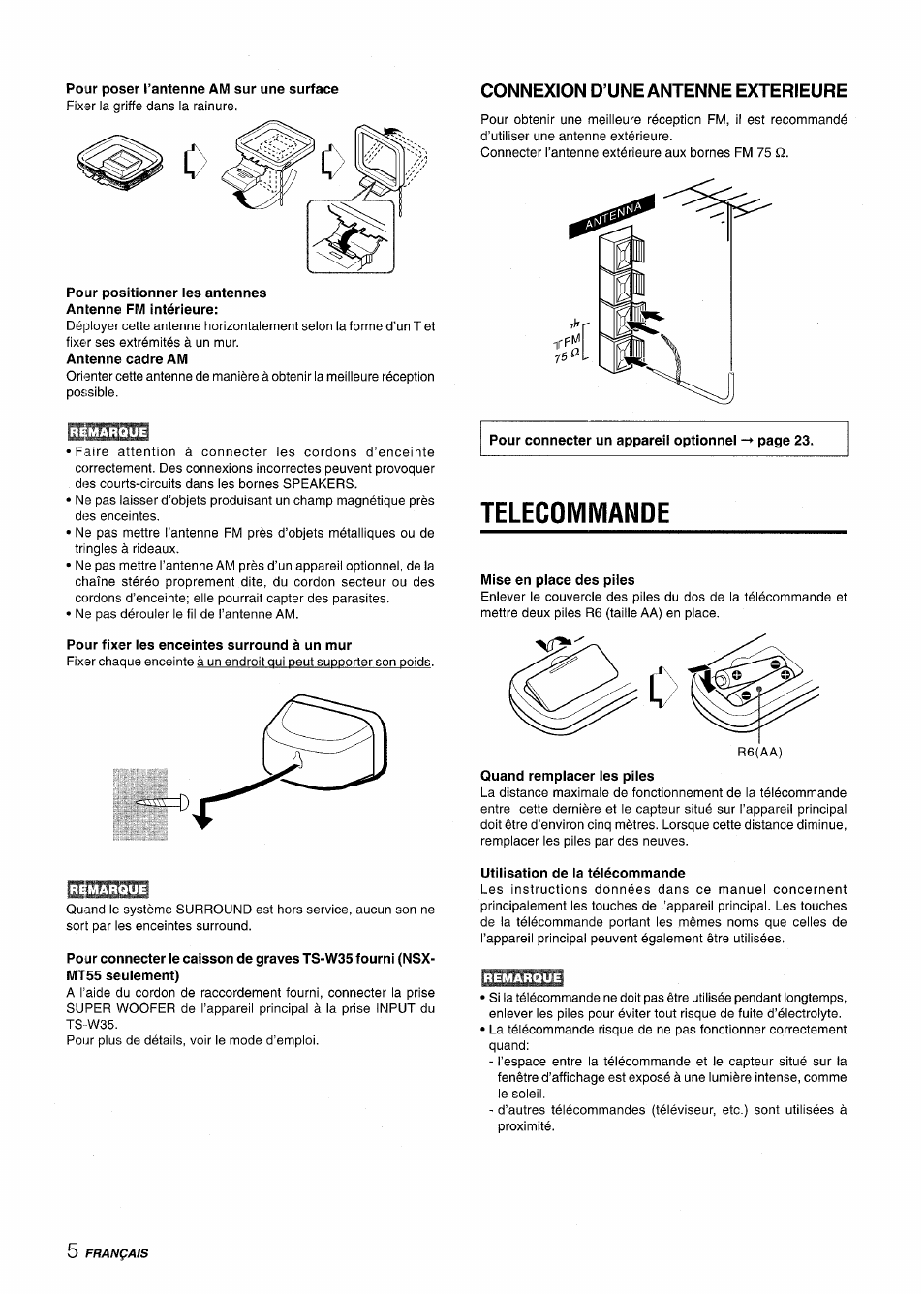 Pour poser l’antenne am sur une surface, Connexion d’une antenne exterieure, Pour fixer les enceintes surround à un mur | Telecommande, Mise en place des piles, Quand remplacer les piles, Utilisation de la télécommande | Aiwa CX-NMT50 User Manual | Page 58 / 80