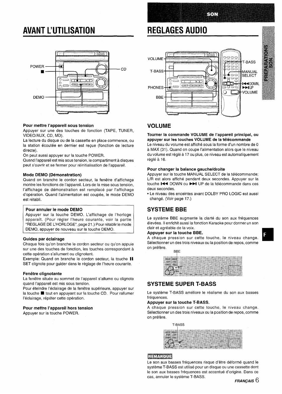 Pour mettre l’appareil sous tension, Mode demo (démonstration), Guides par éclairage | Fenêtre clignotante, Pour mettre l’appareil hors tension, Volume, Pour changer la balance gauche/droite, Systeme bbe, Systeme super t-bass, Avant l’utilisation reglages audio | Aiwa CX-NMT50 User Manual | Page 59 / 80