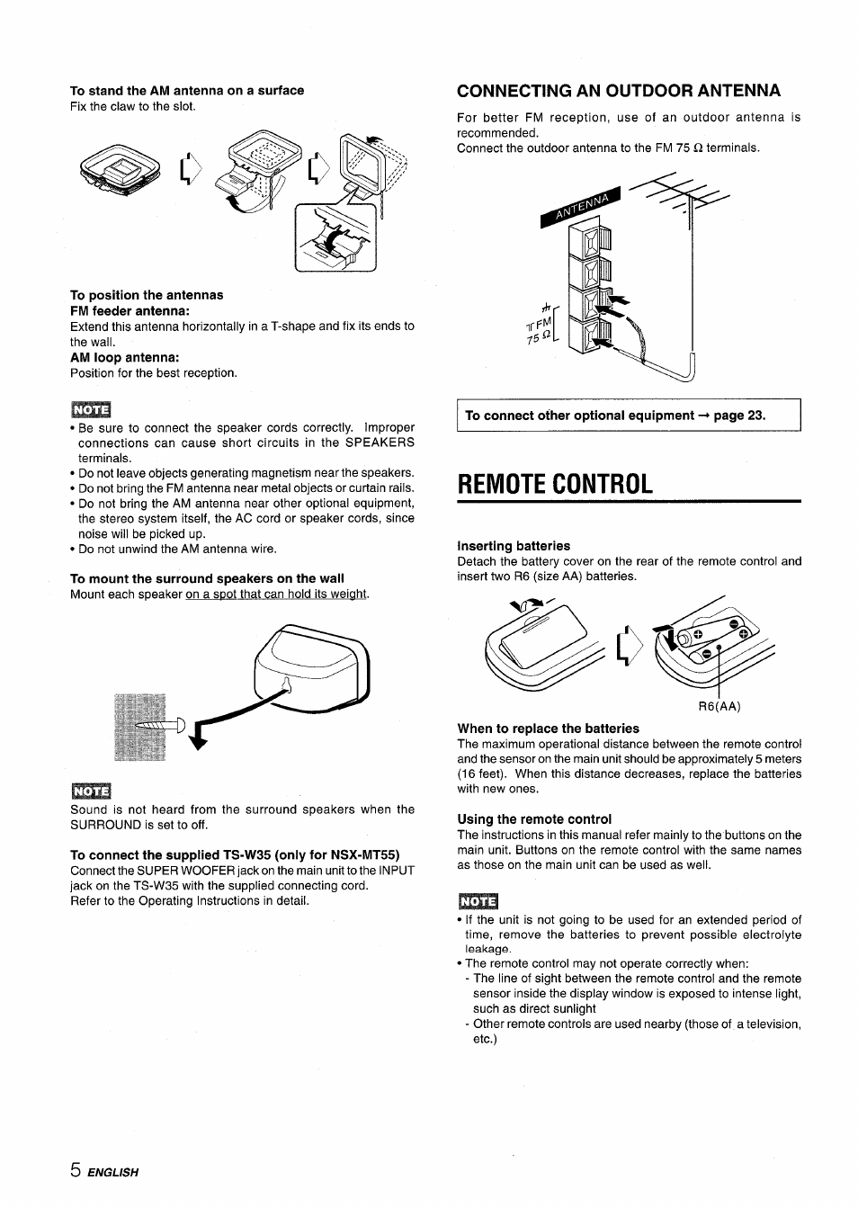 To stand the am antenna on a surface, To position the antennas fm feeder antenna, Connecting an outdoor antenna | To mount the surround speakers on the wall, To connect the supplied ts-w35 (only for nsx-mt55), Remote control, Inserting batteries, When to replace the batteries, Using the remote control | Aiwa CX-NMT50 User Manual | Page 6 / 80