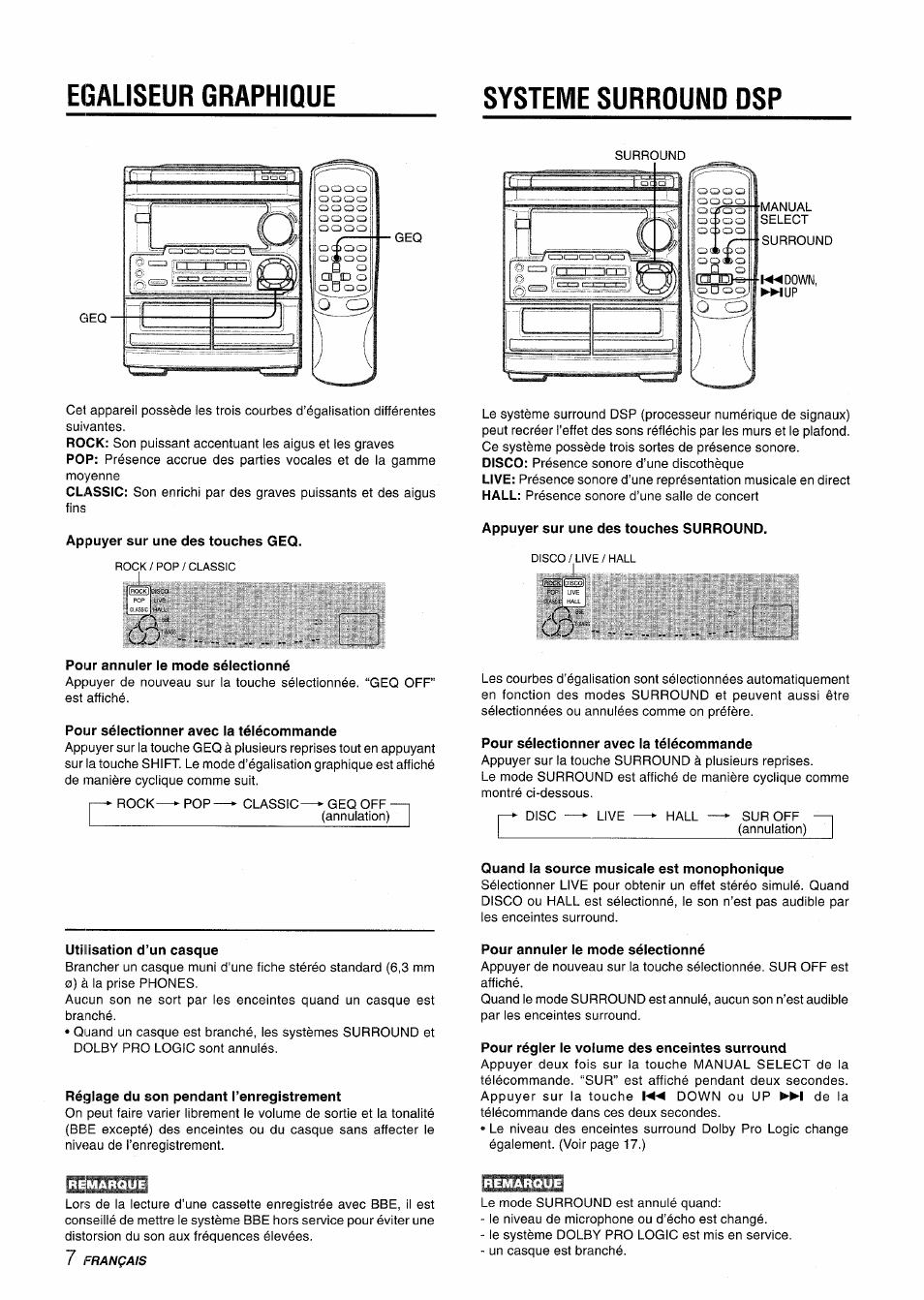Egaliseur graphique, Systeme surround dsp, Appuyer sur une des touches geq | Pour annuler le mode sélectionné, Pour sélectionner avec ia téiécommande, Appuyer sur une des touches surround, Pour sélectionner avec la télécommande, Quand la source musicale est monophonique, Pour régler le volume des enceintes surround, Egaliseur graphique systeme surround dsp | Aiwa CX-NMT50 User Manual | Page 60 / 80