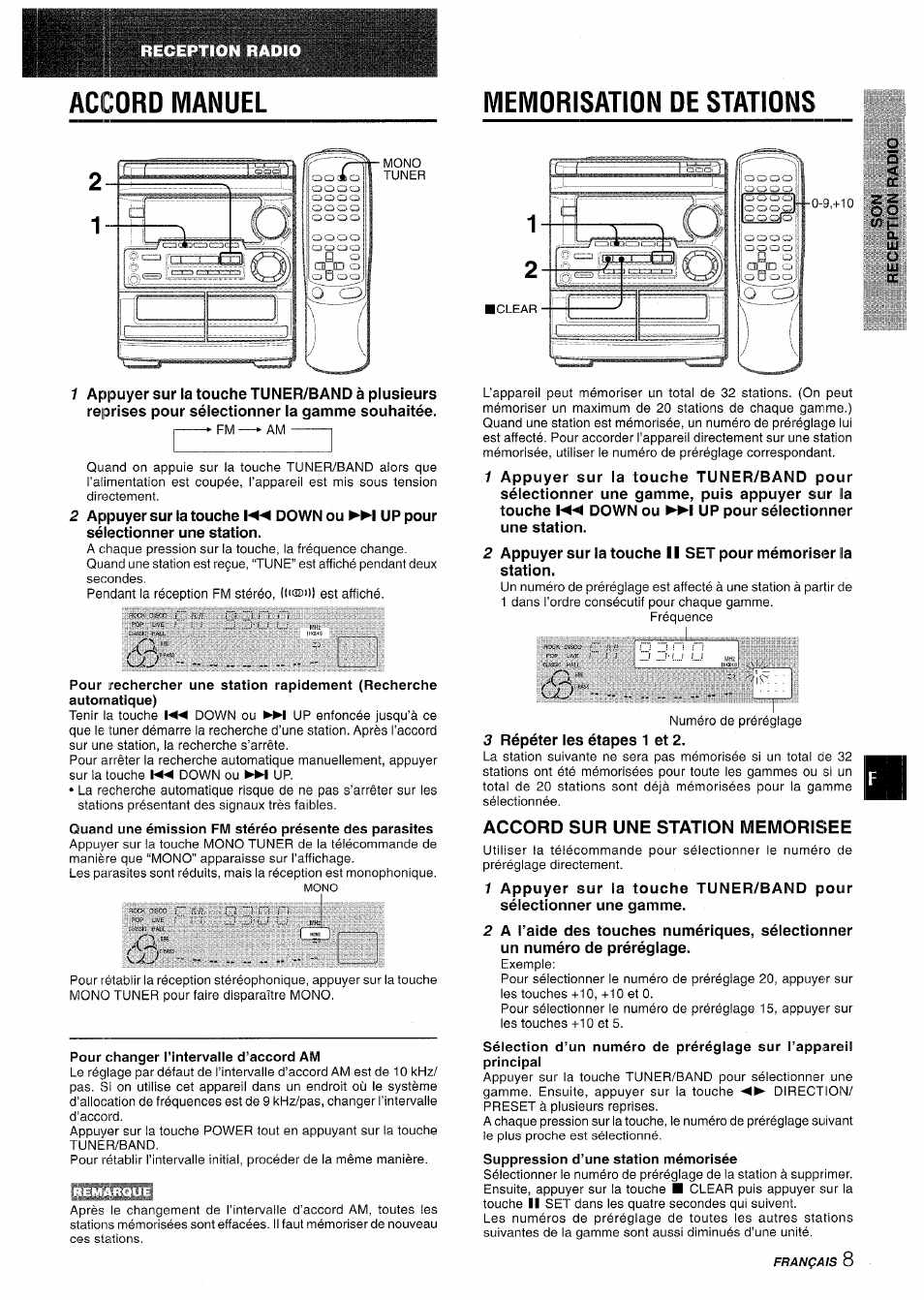 Accord manuel, Memorisation de stations, Accord sur une station memorisee | Reception radio | Aiwa CX-NMT50 User Manual | Page 61 / 80