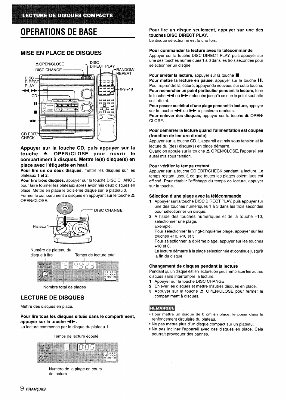 Operations de base, Mise en place de disques, Lecture de disques | Pour commander la lecture avec la télécommande, Pour vérifier le temps restant, Sélection d’une plage avec la télécommande, Changement de disques pendant la lecture | Aiwa CX-NMT50 User Manual | Page 62 / 80