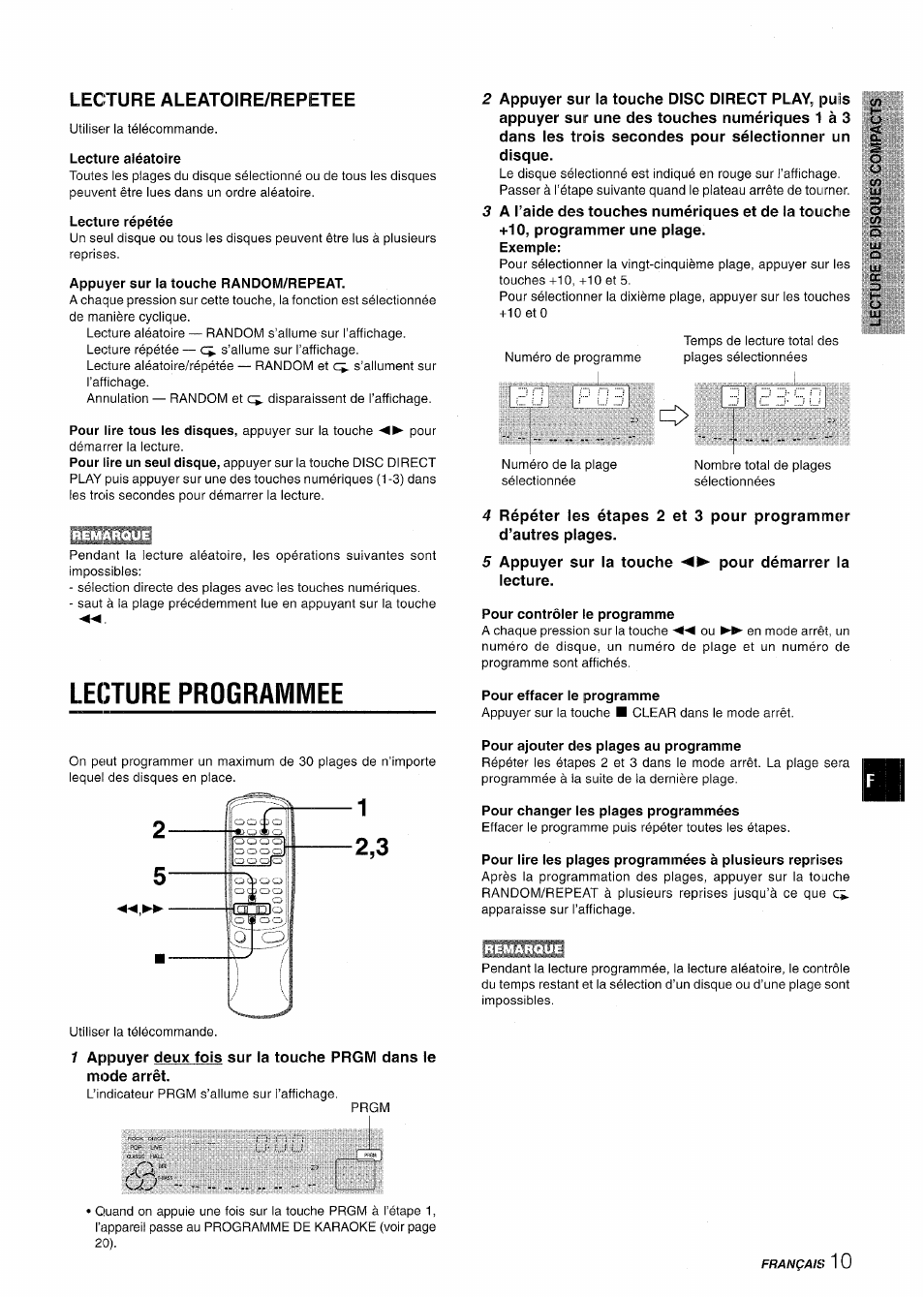 Lecture aleatoire/repetee, Lecture aléatoire, Lecture répétée | Appuyer sur la touche random/repeat, Lecture programmee, Pour contrôler le programme, Pour effacer le programme, Pour ajouter des plages au programme, Pour changer les plages programmées | Aiwa CX-NMT50 User Manual | Page 63 / 80