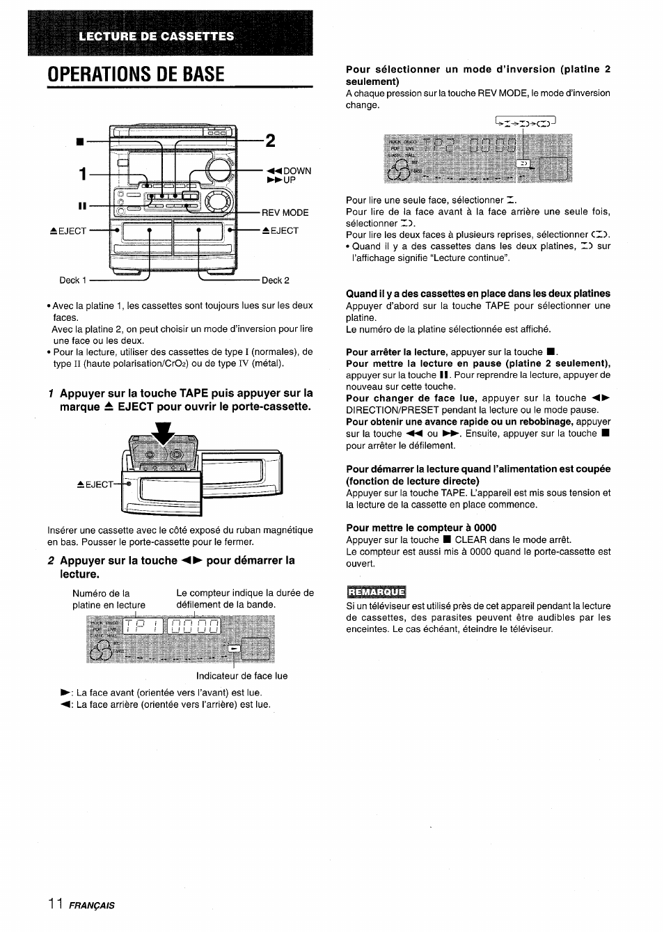 2 appuyer sur la touche pour démarrer la lecture, Pour mettre le compteur à 0000, Operations de base | Aiwa CX-NMT50 User Manual | Page 64 / 80
