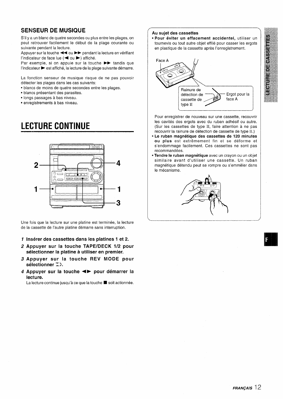 Semseur de musique, Lecture continue, 1 insérer des cassettes dans les platines 1 et 2 | 4 appuyer sur ia touche pour démarrer la lecture, Lecture continue 1 | Aiwa CX-NMT50 User Manual | Page 65 / 80