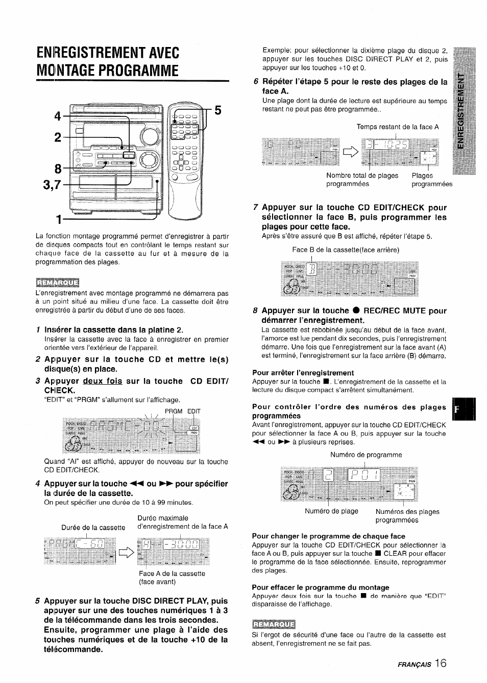 Enregistrement avec montage programme, Pour arrêter l'enregistrement, Pour changer le programme de chaque face | Pour effacer le programme du montage, Enregistrement avec montage, Programme | Aiwa CX-NMT50 User Manual | Page 69 / 80