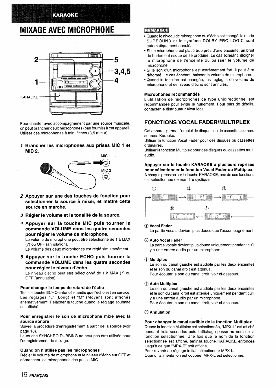 Pour changer le temps de retard de l’écho, Quand on n’utilise pas ies microphones, Microphones recommandés | Fonctions vocal fader/multiplex, Vocal fader, D multiplex, 0 auto multiplex, Annulation, Mixage avec microphone | Aiwa CX-NMT50 User Manual | Page 72 / 80