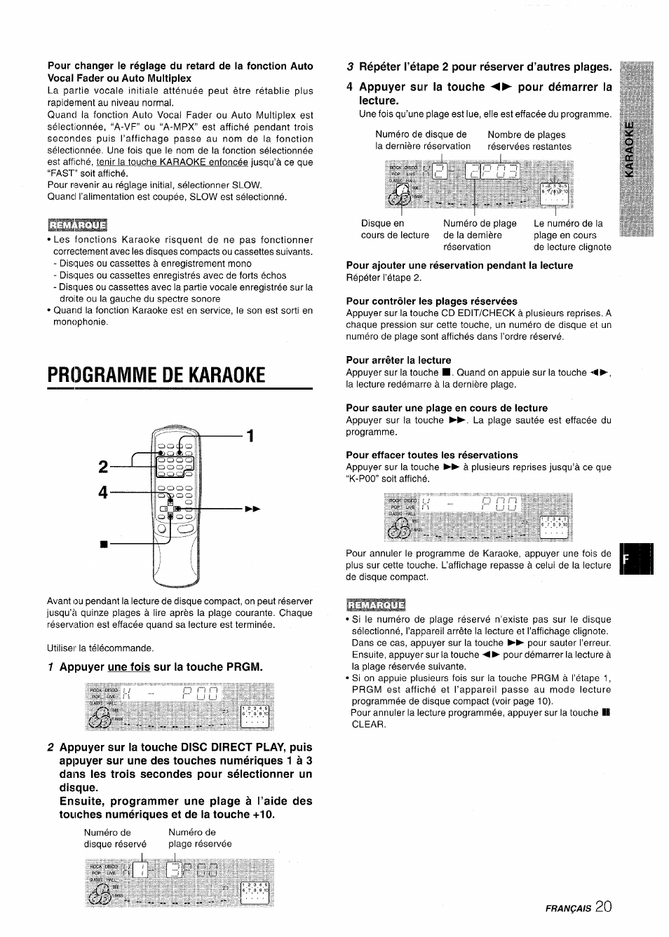 Pour contrôler les plages réservées, Programme de karaoke, Pour arrêter la lecture | Pour sauter une plage en cours de lecture, Pour effacer toutes les réservations | Aiwa CX-NMT50 User Manual | Page 73 / 80