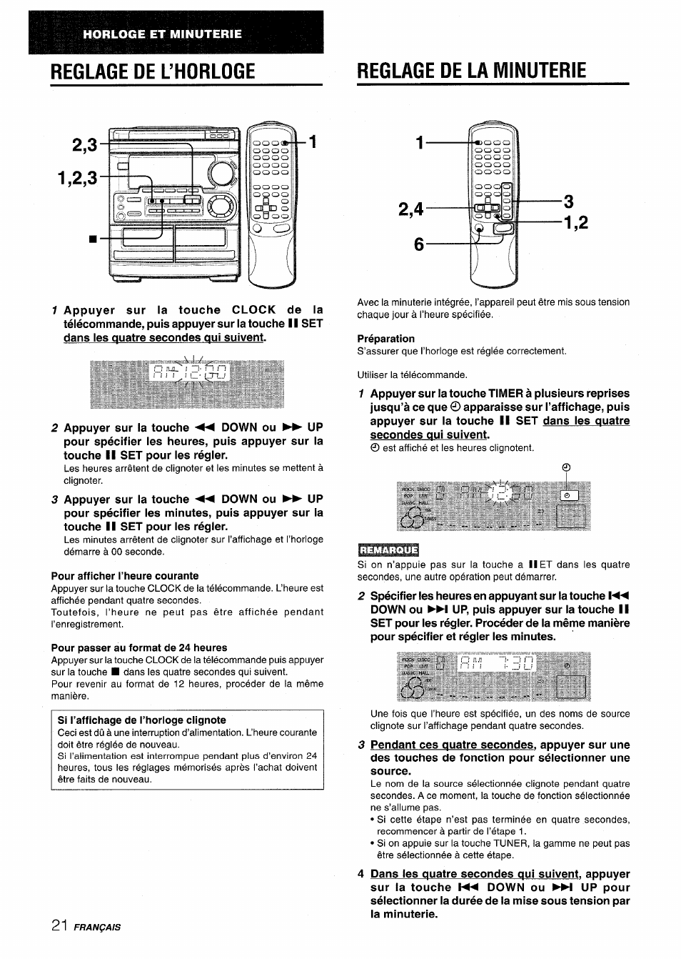 Reglage de l’horloge, Reglage de la minuterie, Pour afficher l’heure courante | Pour passer au format de 24 heures, Préparation, Reglage de l’horloge reglage de la minuterie | Aiwa CX-NMT50 User Manual | Page 74 / 80