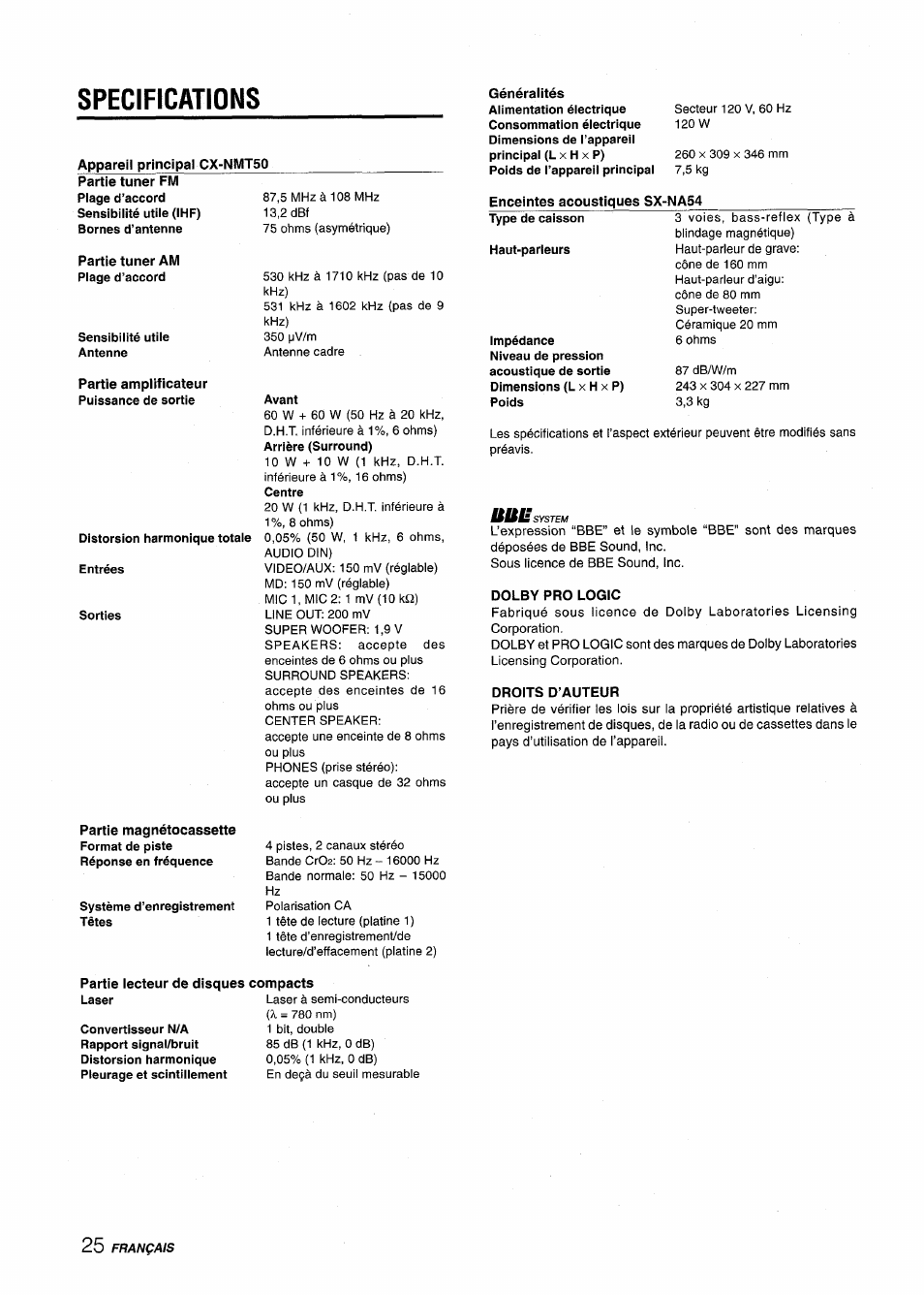 Specifications, Appareil principal cx-nmt50, Partie lecteur de disques compacts | Enceintes acoustiques sx-na54, Dolby pro logic, Droits d’auteur | Aiwa CX-NMT50 User Manual | Page 78 / 80