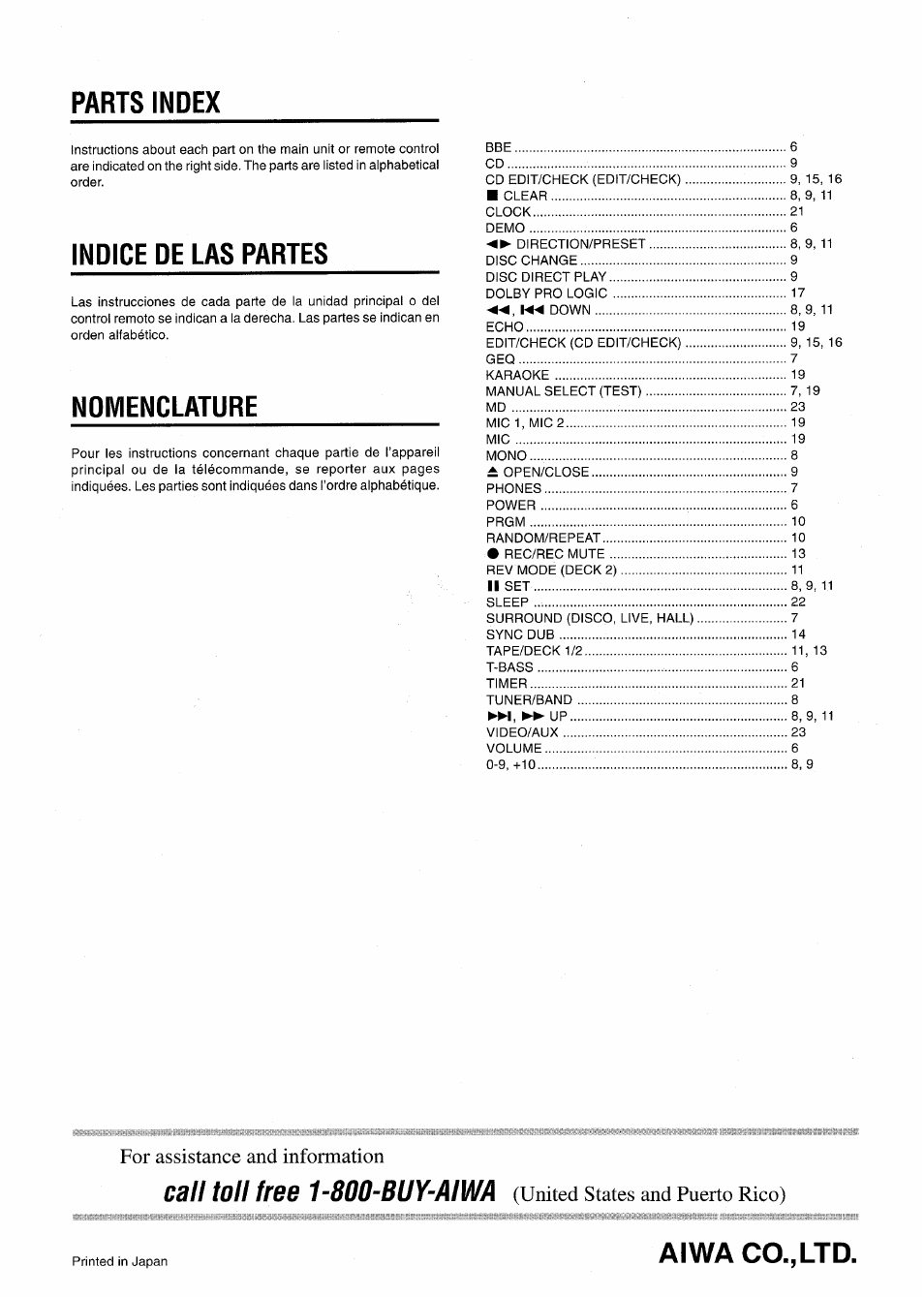 Parts index, Indice de las partes, Nomenclature | Aiwa co., ltd, Call toll free 1-800-buy-aiwa, For assistance and information, United states and puerto rico) | Aiwa CX-NMT50 User Manual | Page 80 / 80