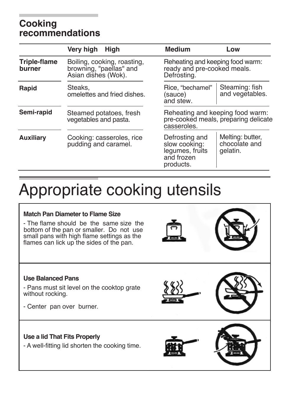 Appropriate cooking utensils, Cooking recommendations | Siemens 30inc Stainless Gas Cooktop User Manual | Page 14 / 65