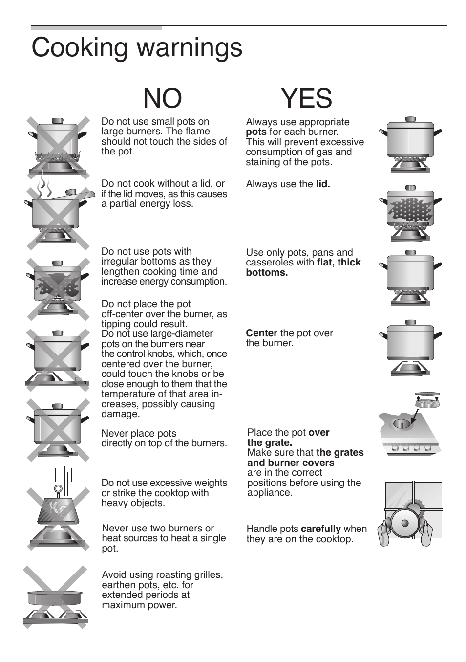 Cooking warnings, No yes | Siemens 30inc Stainless Gas Cooktop User Manual | Page 15 / 65