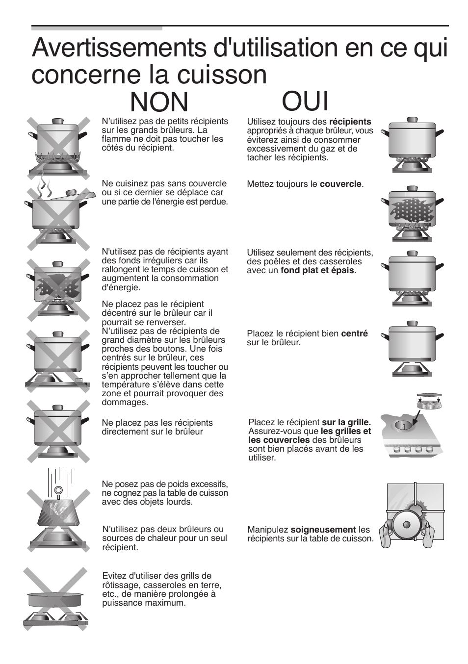 Concerne la cuisson, Avertissements d'utilisation en ce qui, Non oui | Siemens 30inc Stainless Gas Cooktop User Manual | Page 36 / 65