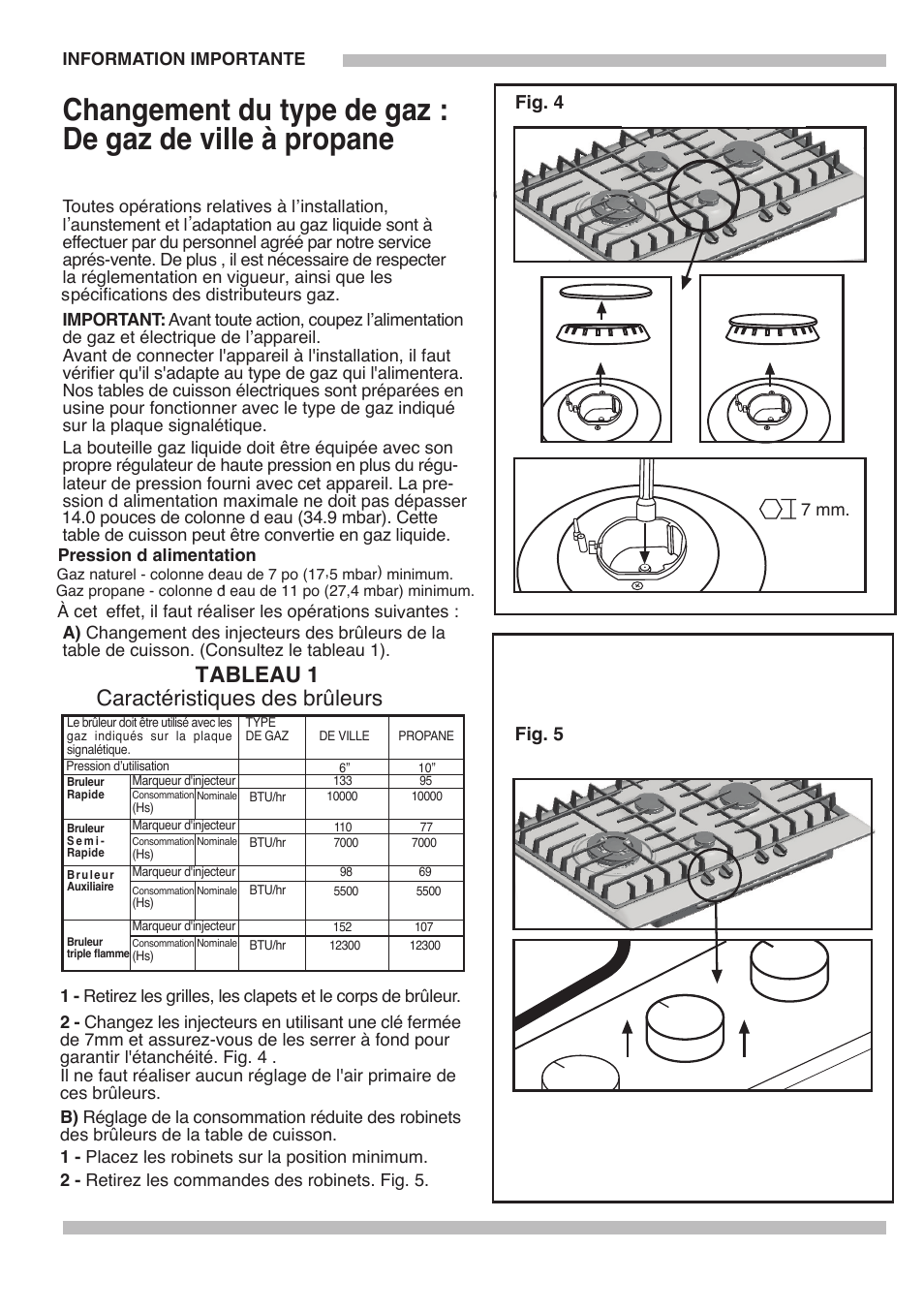 Tableau 1 caractéristiques des brûleurs, Fig. 4 fig. 5 | Siemens 30inc Stainless Gas Cooktop User Manual | Page 42 / 65