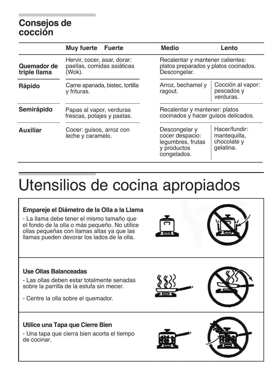 Utensilios de cocina apropiados, Consejos de cocción | Siemens 30inc Stainless Gas Cooktop User Manual | Page 56 / 65