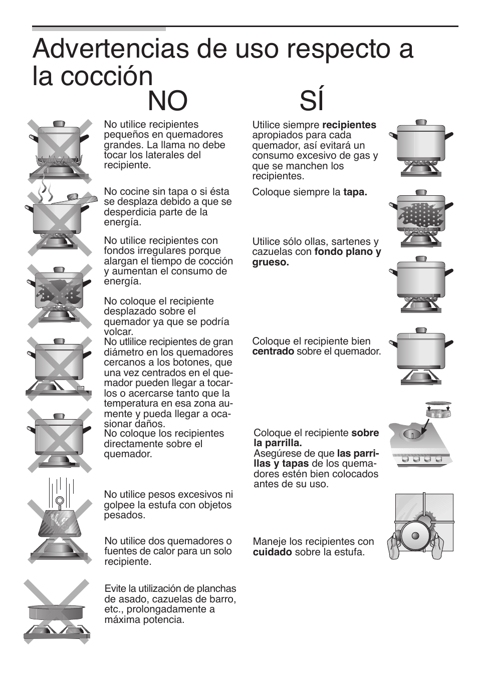 Advertencias de uso respecto a la cocción, No sн | Siemens 30inc Stainless Gas Cooktop User Manual | Page 57 / 65