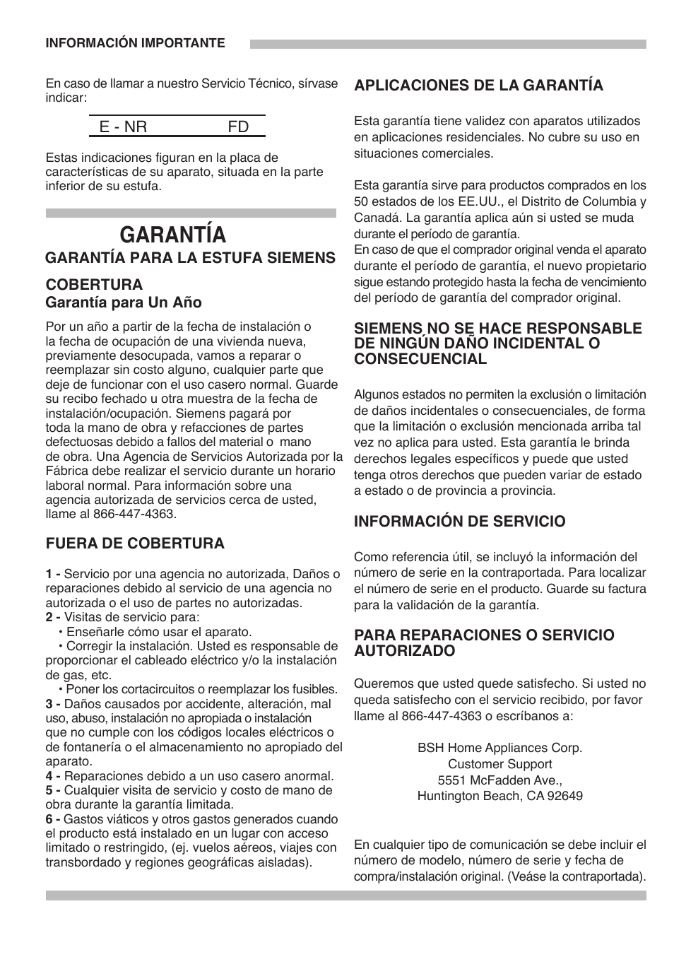 Garantía | Siemens 30inc Stainless Gas Cooktop User Manual | Page 65 / 65