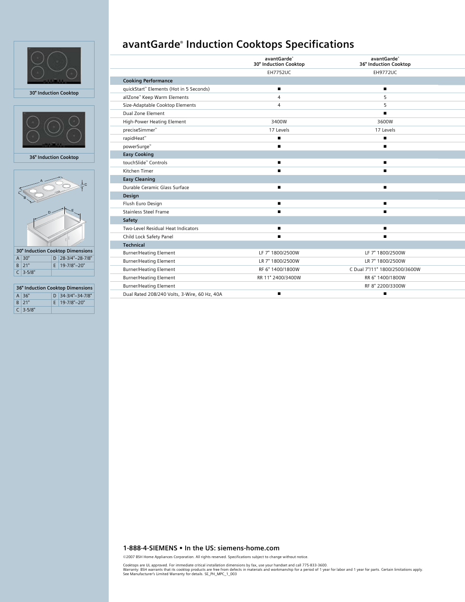 Avantgarde, Induction cooktops specifications | Siemens 30inc Induction Cooktop User Manual | Page 2 / 2