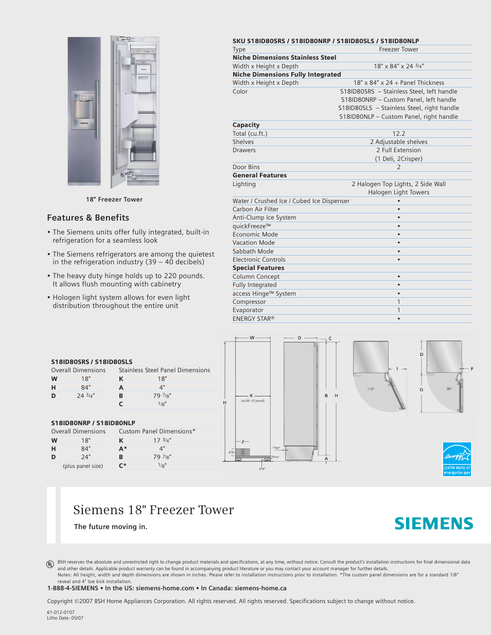 Siemens 18inc Freezer Tower with Dispenser User Manual | 1 page