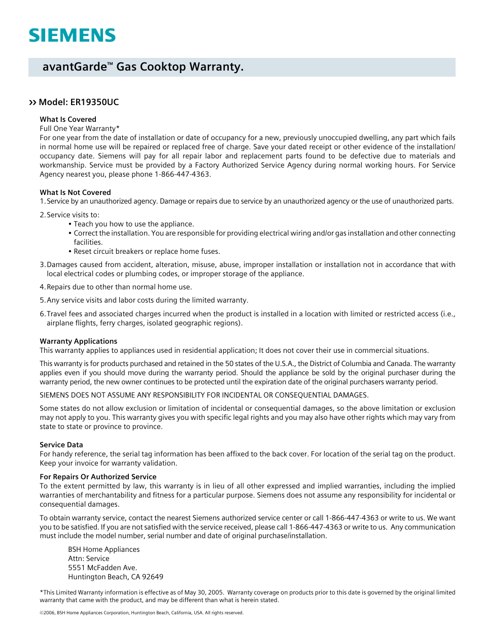 Siemens 36inc Stainless Gas Cooktop User Manual | 1 page