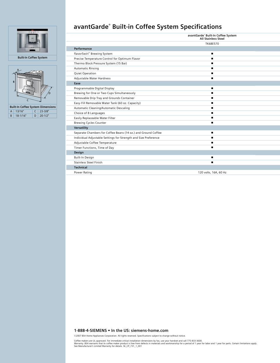 Avantgarde, Built-in coffee system specifications | Siemens Built-in Coffee User Manual | Page 2 / 2