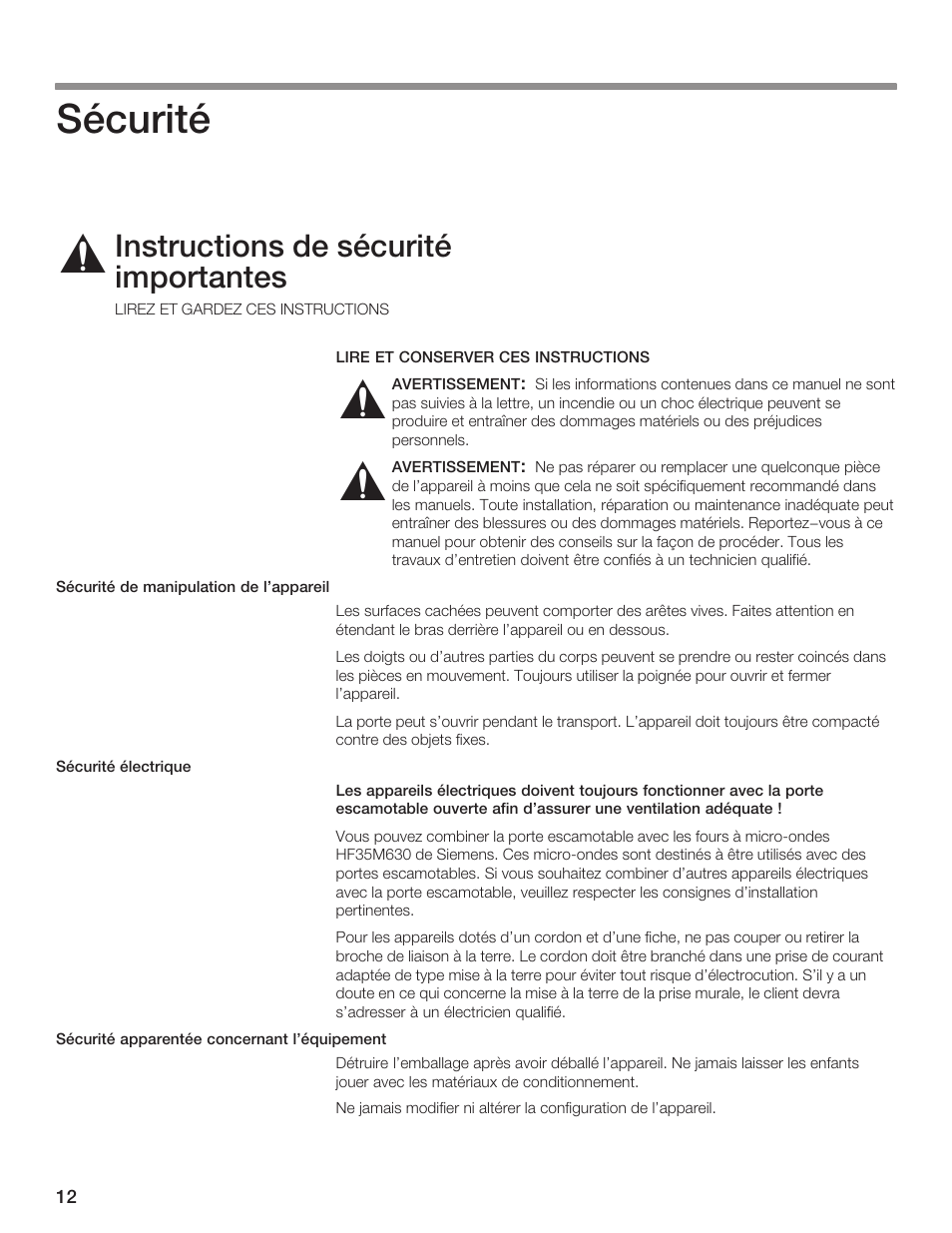 Řř ř, Sécurité, Instructions de sécurité importantes | Siemens 30inc Microwave with liftDoor User Manual | Page 12 / 32