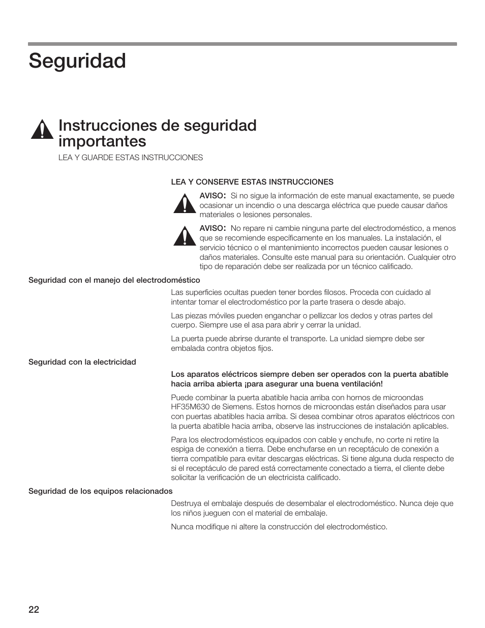 Řř ř, Seguridad, Instrucciones de seguridad importantes | Siemens 30inc Microwave with liftDoor User Manual | Page 22 / 32