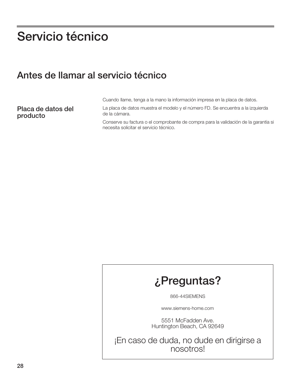 Servicio técnico, Preguntas, Antes de llamar al servicio técnico | Siemens 30inc Microwave with liftDoor User Manual | Page 28 / 32