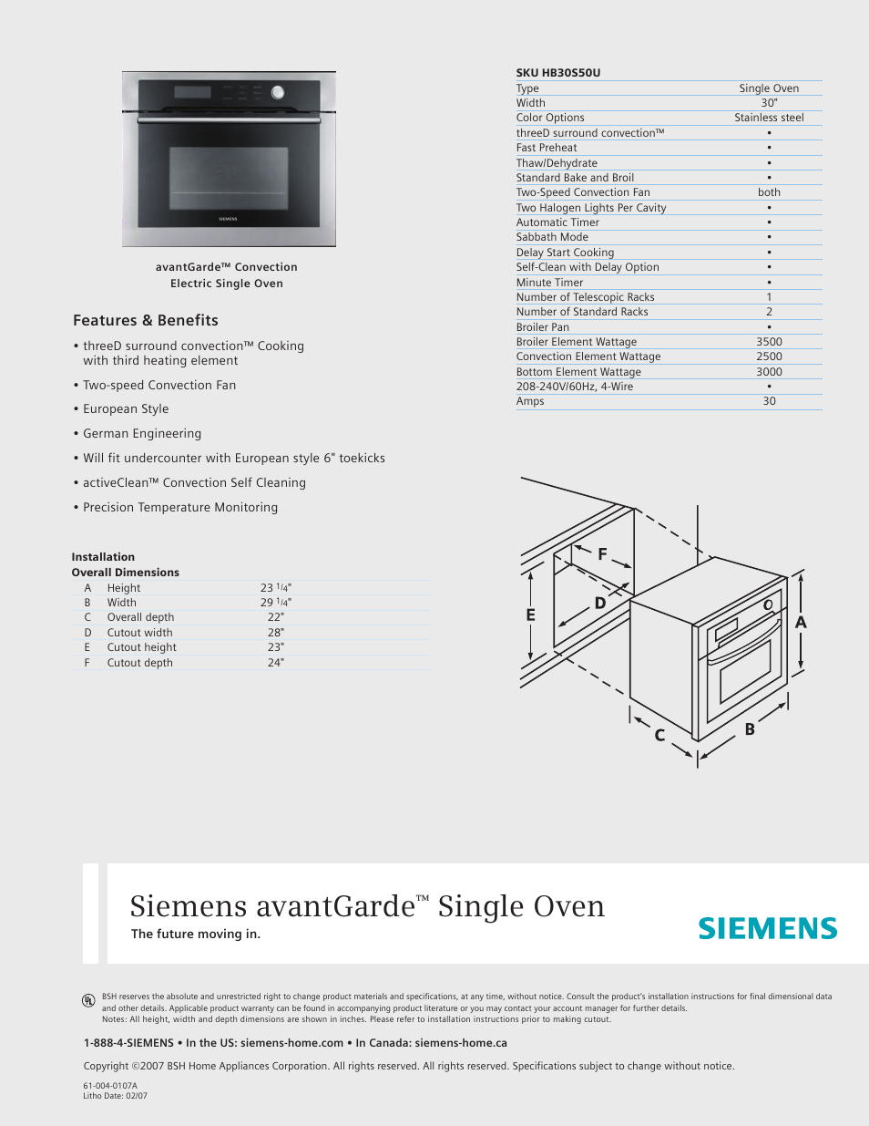 Siemens 30inc Electric Single Oven User Manual | 1 page