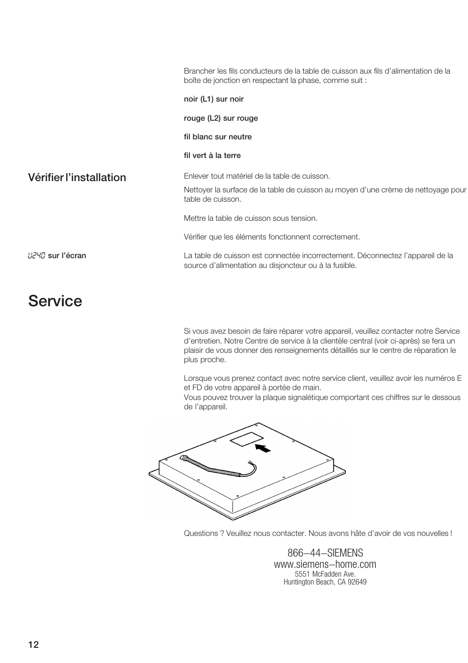 Service, Vérifier l'installation | Siemens 30inc Electric Cooktop User Manual | Page 12 / 20