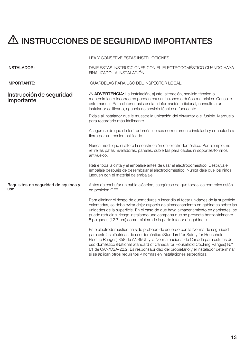 Instrucciones de seguridad importantes, Instrucción de seguridad importante | Siemens 30inc Electric Cooktop User Manual | Page 13 / 20