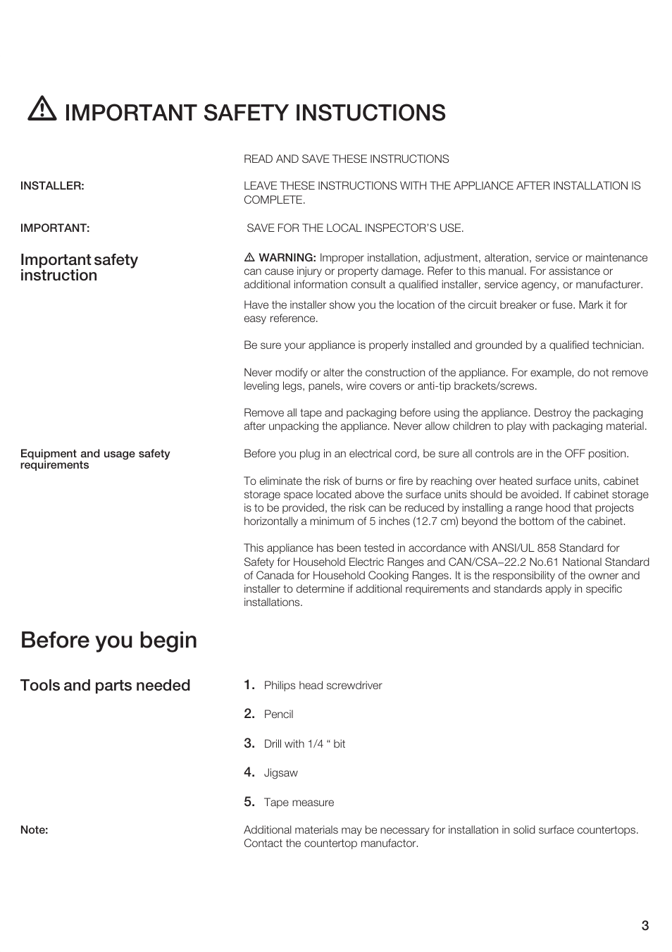 Important safety instuctions, Before you begin, Important safety instruction | Tools and parts needed | Siemens 30inc Electric Cooktop User Manual | Page 3 / 20