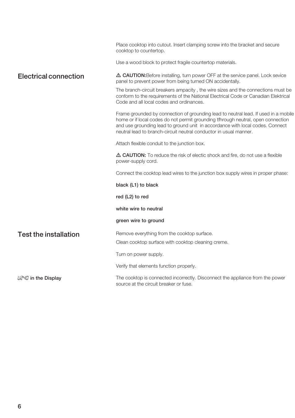 Electrical connection test the installation | Siemens 30inc Electric Cooktop User Manual | Page 6 / 20