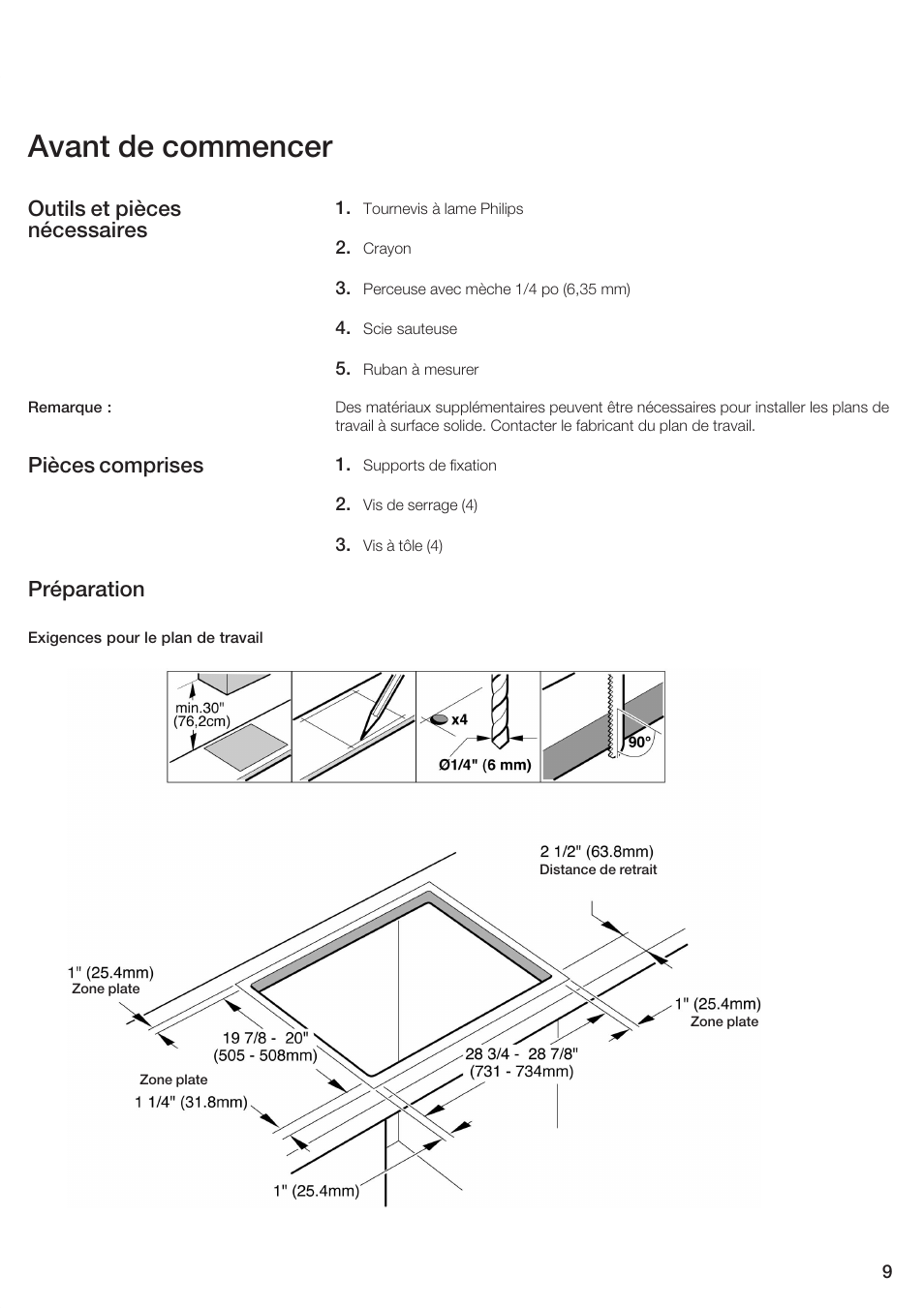 Avant de commencer, Outils et pièces nécessaires, Pièces comprises préparation | Siemens 30inc Electric Cooktop User Manual | Page 9 / 20