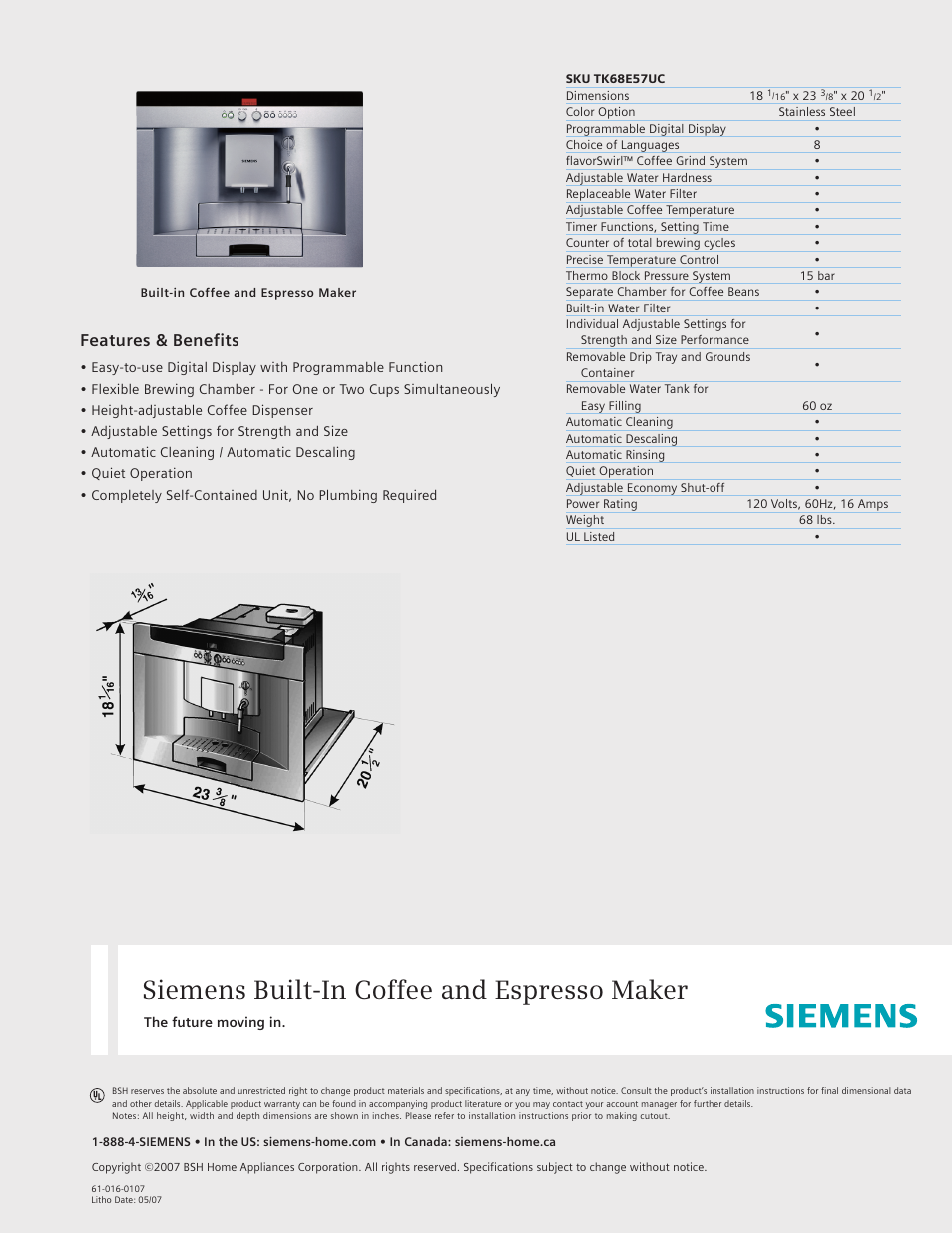 Siemens Built-in Coffee User Manual | 1 page