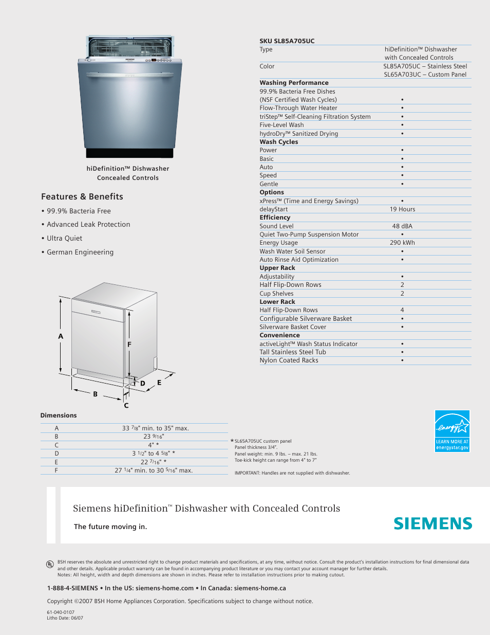 Siemens hiDefinition 48 dBA Dishwasher User Manual | 1 page