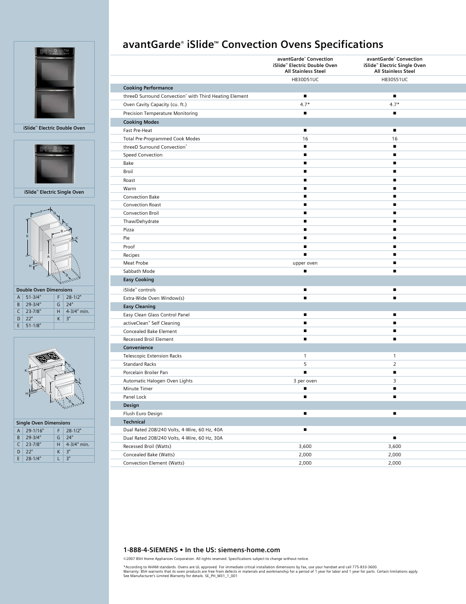 Avantgarde, Islide, Convection ovens specifications | Siemens 30inc iSlide Double Oven User Manual | Page 2 / 2