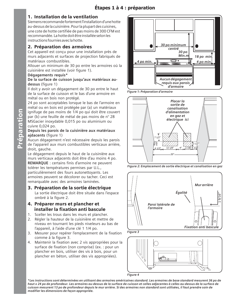 Étapes 1 à 4 : préparation, Installation de la ventilation, Préparation des armoires | Préparation de la sortie électrique | Siemens Gas Range User Manual | Page 16 / 32