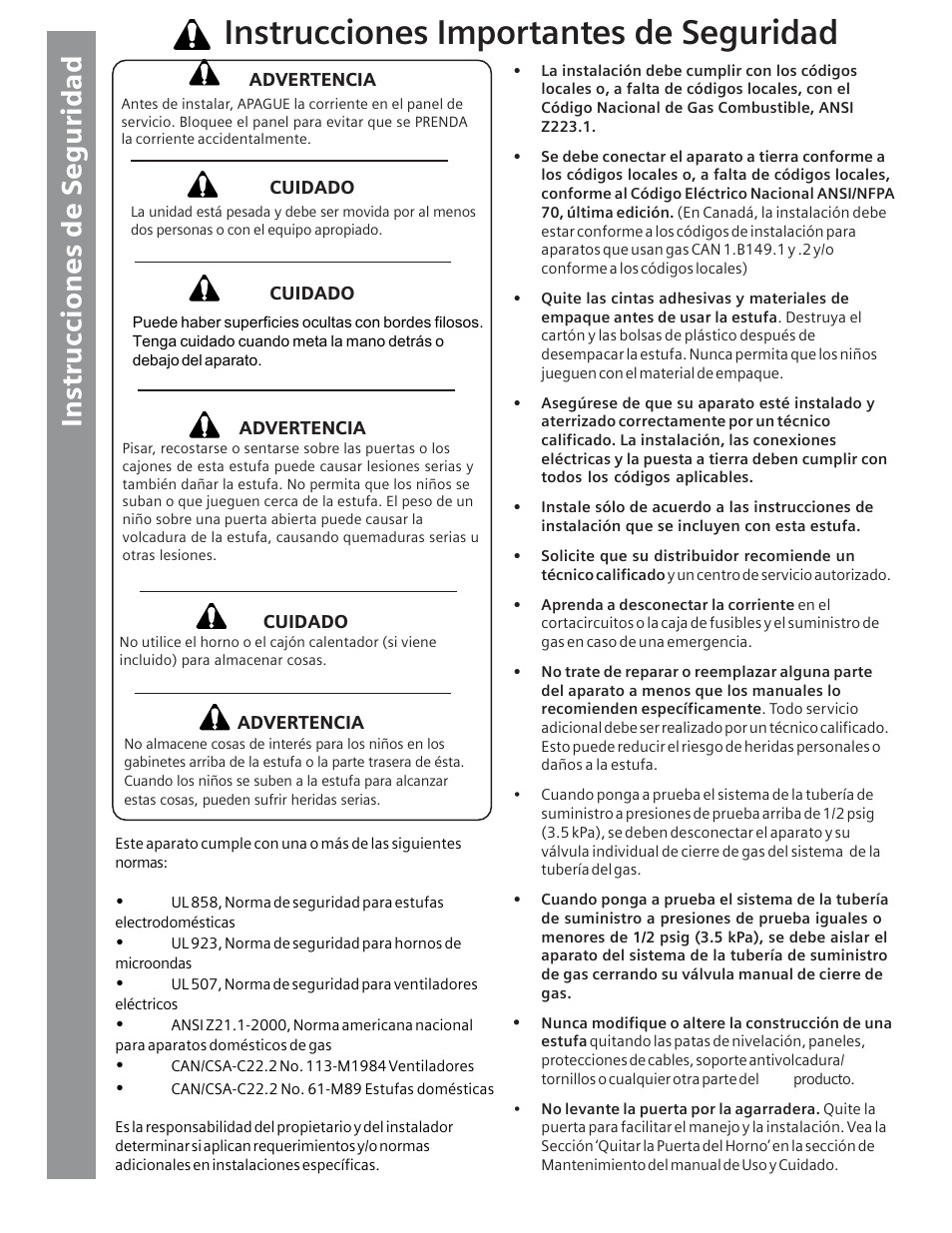 Instrucciones importantes de seguridad | Siemens Gas Range User Manual | Page 24 / 32