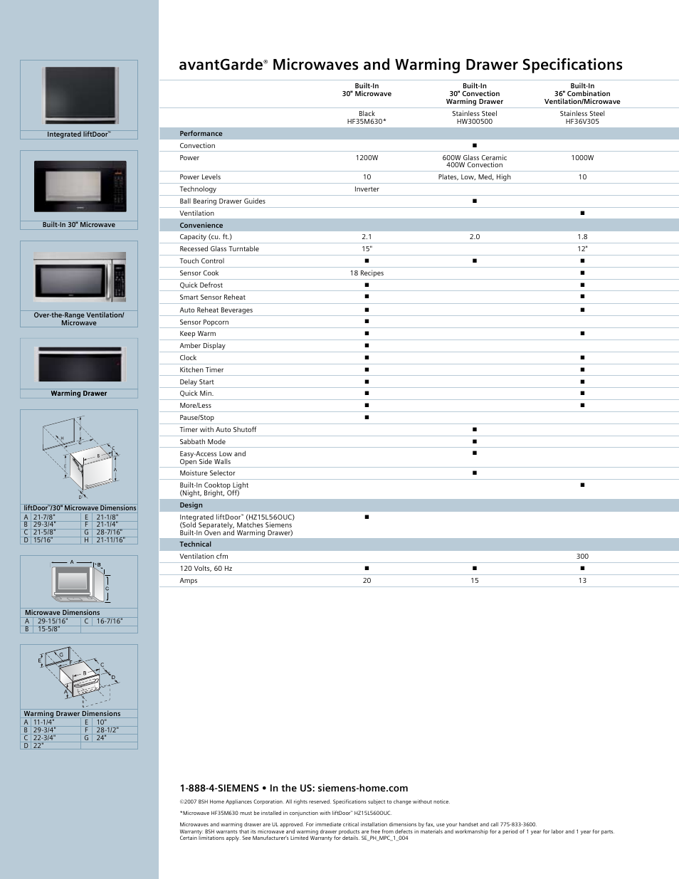 Avantgarde, Microwaves and warming drawer specifications | Siemens 30inc Warming Drawer User Manual | Page 2 / 2