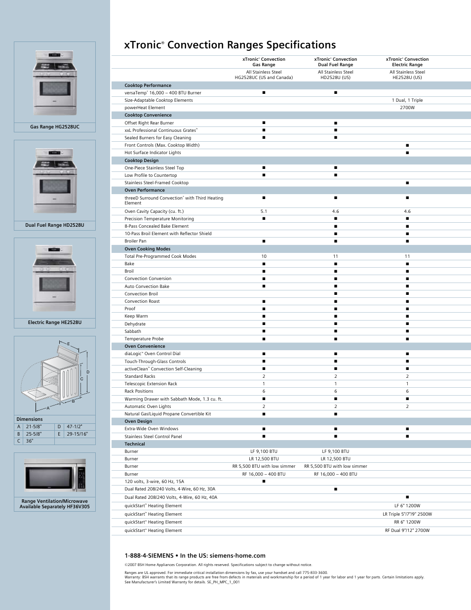 Xtronic, Convection ranges specifications | Siemens Gas Range User Manual | Page 2 / 2