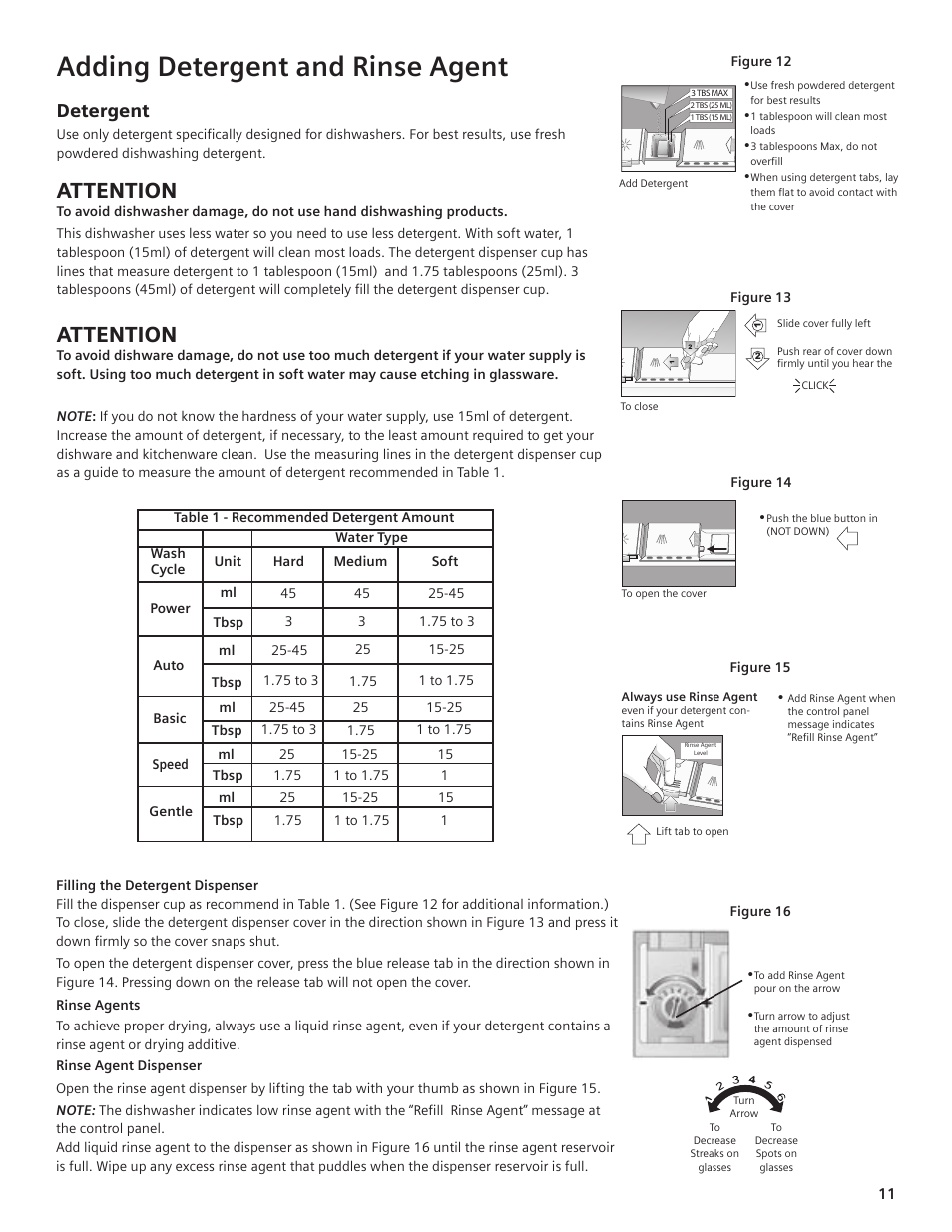 Adding detergent and rinse agent, Attention, Detergent | Siemens hiDefinition 48 dBA Dishwasher User Manual | Page 11 / 64