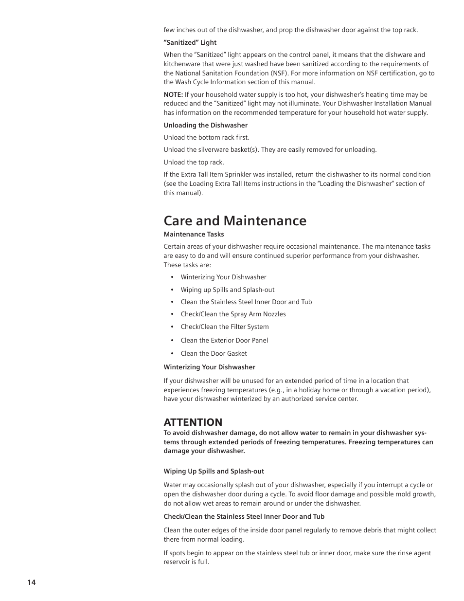 Care and maintenance, Attention | Siemens hiDefinition 48 dBA Dishwasher User Manual | Page 14 / 64