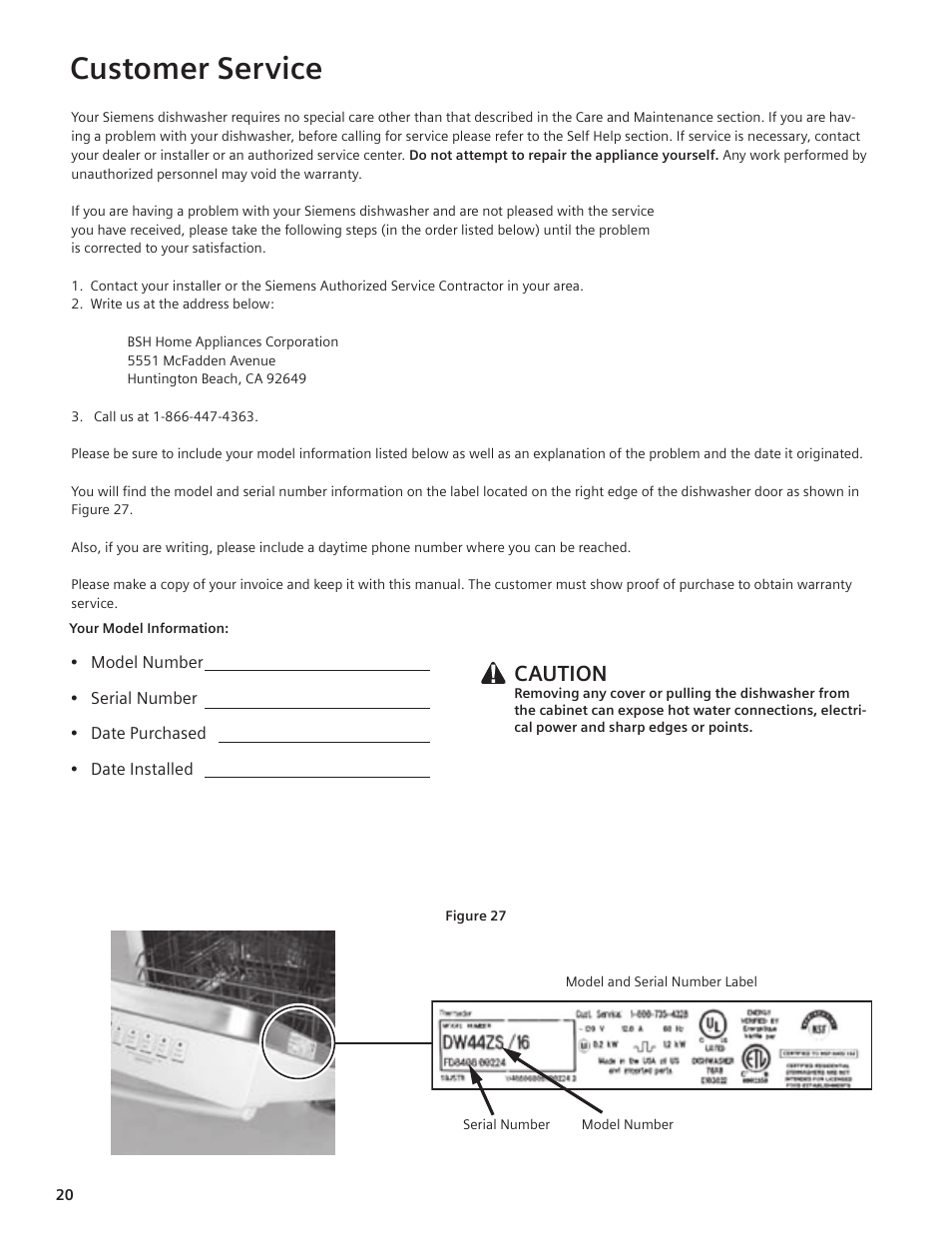 Customer service, Caution | Siemens hiDefinition 48 dBA Dishwasher User Manual | Page 20 / 64