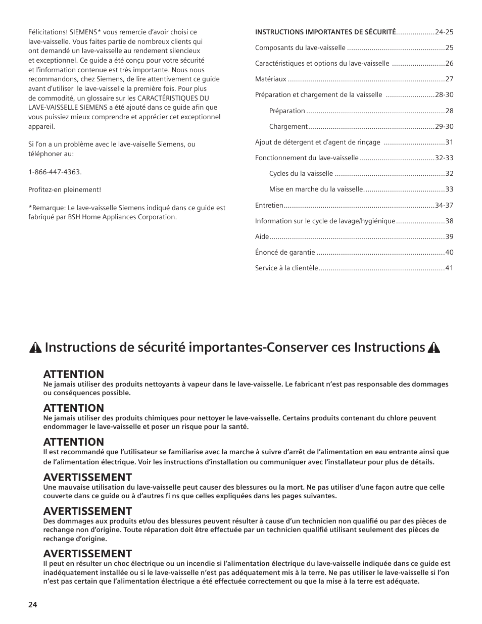 Attention, Avertissement | Siemens hiDefinition 48 dBA Dishwasher User Manual | Page 24 / 64