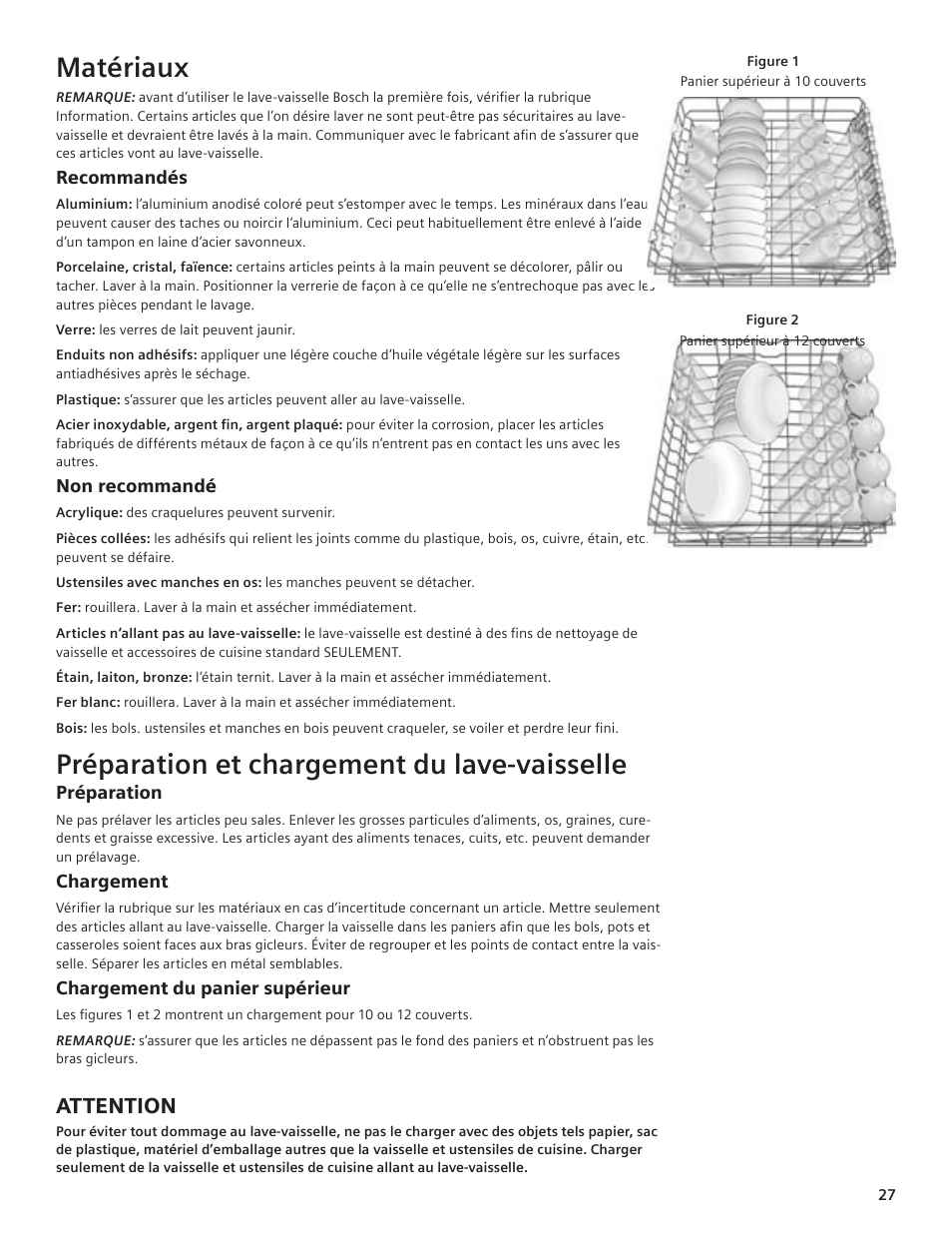 Matériaux, Préparation et chargement du lave-vaisselle, Attention | Siemens hiDefinition 48 dBA Dishwasher User Manual | Page 27 / 64