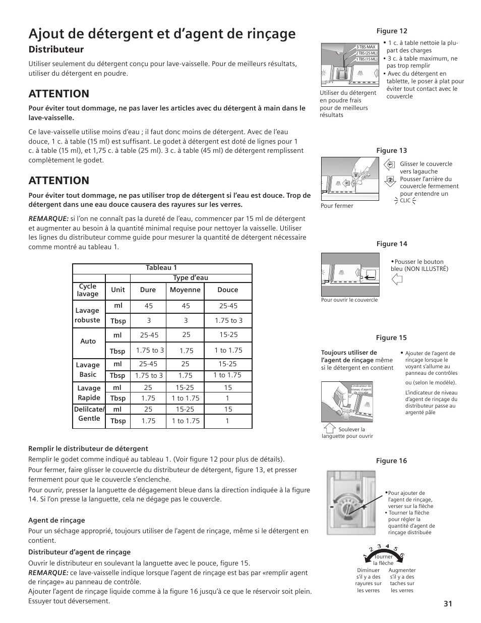 Ajout de détergent et d’agent de rinçage, Attention, Distributeur | Siemens hiDefinition 48 dBA Dishwasher User Manual | Page 31 / 64