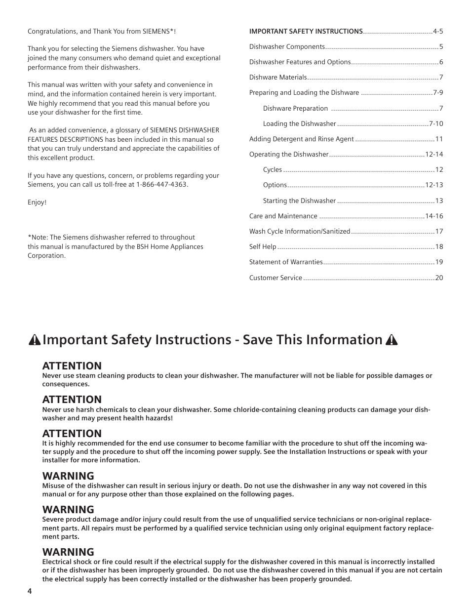 Attention, Warning | Siemens hiDefinition 48 dBA Dishwasher User Manual | Page 4 / 64