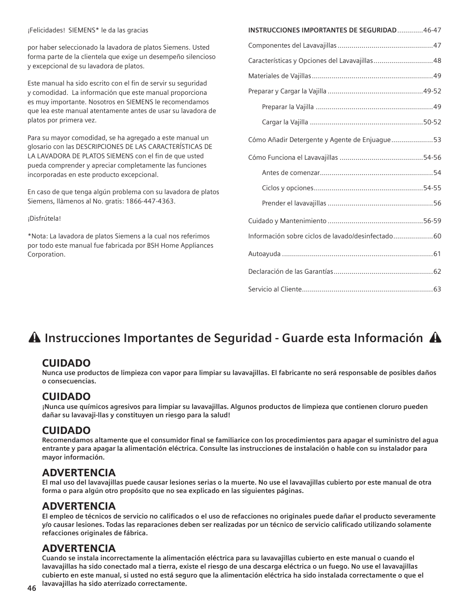 Cuidado, Advertencia | Siemens hiDefinition 48 dBA Dishwasher User Manual | Page 46 / 64